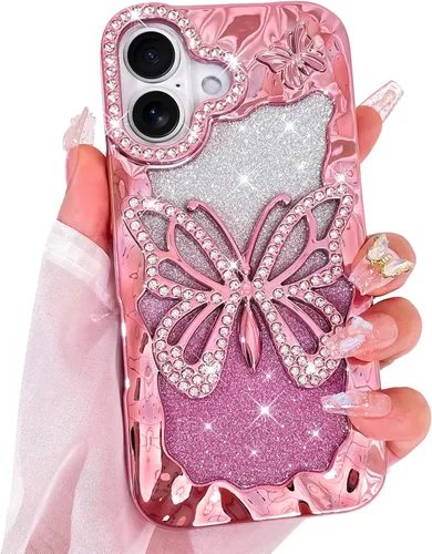 Vista 7 de Bonoma Funda con purpurina para iPhone 13 Pro Max, bonita funda 3D con patrón de chapado en degradado de mariposa de diamante, protección de cámara