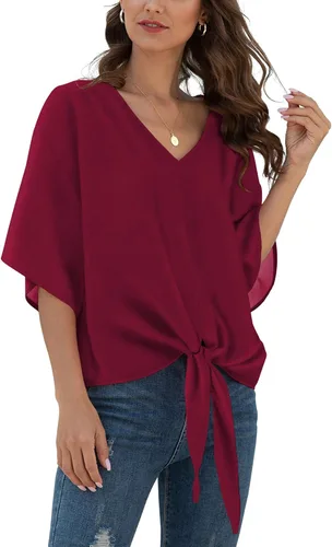 Vista 59 de VIISHOW Womens Tie Front Chiffon Blouses V Neck Batwing Short Sleeve Summer Tops Shirts Albaricoque