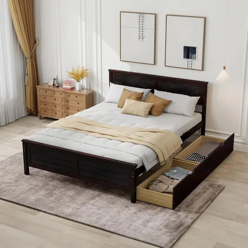 Vista 13 de Giantex Cama individual de madera con 2 cajones de almacenamiento, plataforma de madera maciza con cabecero, base de colchón de soporte de listones