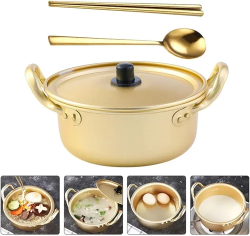 Vista 2 de Housoutil Olla ramen 1 juego de olla de ramen coreano con tapa, cuchara, palillos tradicionales de aluminio instantáneo Ramyun para el hogar