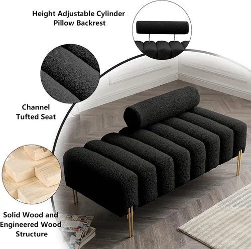 Vista 3 de Setawix Banco otomano de tela de peluche, extremo de la cama, canal, copetudo, para dormitorio, ventana, bancos de entrada, rectangular, de sherpa