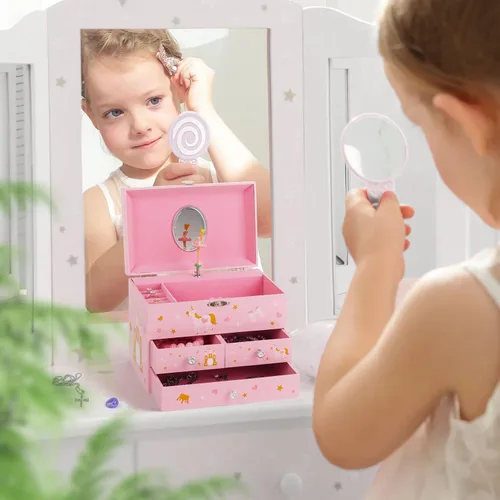 Vista 6 de efubaby Joyero musical mejorado para niñas con 3 cajones extraíbles, juego de joyas de bailarina giratoria y unicornio, joyeros para niños y niñas