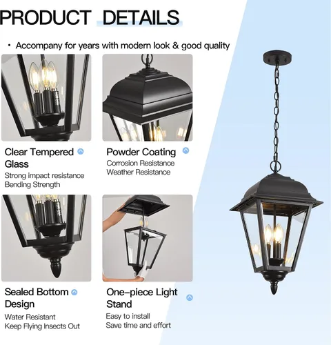 Vista 5 de Lámpara colgante para exteriores, 3 luces colgantes para exteriores, lámpara colgante extra grande para exteriores con vidrio transparente