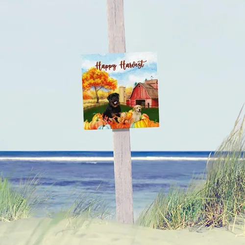 Vista 4 de Happy Harvest Labrad Doodle Dog Barn Wood Sign Fall Pumpkin Wall Plaque Pumpkin Farm Wood Panels Classic Home Wall Hanging Sign Decoration for Front