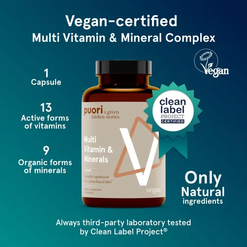 Vista 2 de Puori Complejo vegano multivitamínico y mineral para hombres y mujeres, multivitaminas mezcladas con 13 vitaminas esenciales y 9 minerales