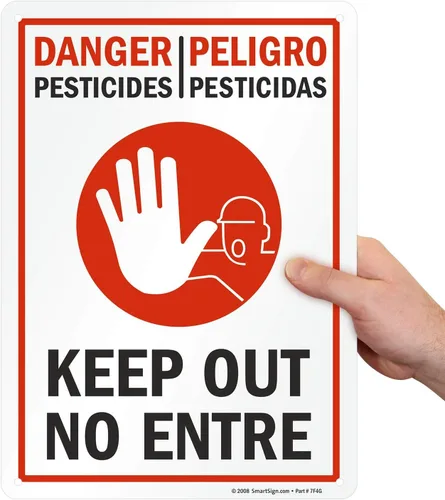 Vista 7 de SmartSign Letrero de metal bilingüe con texto en inglés "Danger - Pesticides, Keep Out, Peligro - Pesticidas, No Entre", aluminio laminado a prueba