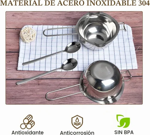 Vista 6 de Olla doble de acero inoxidable de 2 piezas con 2 cucharas de metal, olla de fusión de chocolate para derretir chocolate, mantequilla, queso, velas