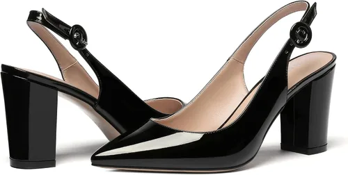 Vista 6 de WAYDERNS Zapatos de tacón alto con hebilla y hebilla para el tobillo y puntera puntiaguda gruesa de patente gruesa para mujer, 3 pulgadas