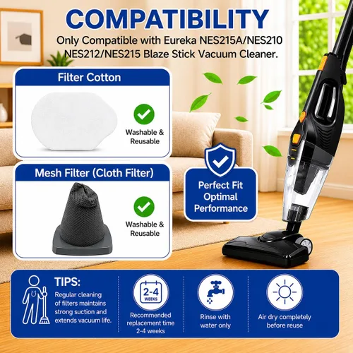 Vista 2 de 4 filtros de repuesto compatibles con aspiradora Blaze Stick Eureka NES215A / NES212/NES215, se adapta a la serie N0101 N0102, paquete de 2 filtros