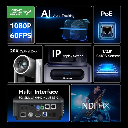 Vista 2 de Tenveo Cámara PTZ NDI, humanoide AI y seguimiento automático facial, zoom óptico 20X, 3G-SDI/HDMI/USB3.0/LAN (PoE) transmisión en vivo con luz