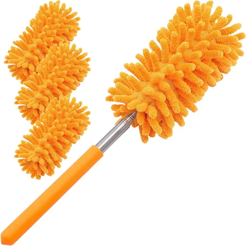 Vista 7 de Plumero de microfibra para limpieza, Tukuos plumeros lavables a mano con 2 piezas de cabezal de microfibra reemplazable, poste extensible, cepillo