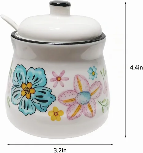 Vista 2 de Azucarero de cerámica con tapa y cuchara, contenedor de azúcar para barra de café, hogar y cocina, 12 onzas