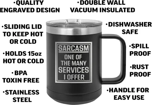 Vista 2 de Rogue River Tactical Divertida taza de café negra de acero inoxidable resistente con tapa, sarcasmo, uno de los muchos servicios que ofrezco broma
