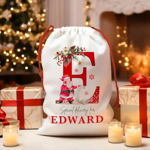 Vista 6 de Saco de Santa de Navidad inicial personalizado, bolsa de regalo de Navidad personalizada, bolsa de cordón con monograma