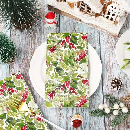 Vista 3 de Servilletas de papel desechables de 3 capas con diseño de muérdago en acuarela para Navidad, invierno, bayas, cena, servilletas de mano