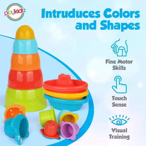 Vista 3 de Playkidz Juego de juguetes de baño – Tren pequeño, cuencos apilables y tazas de cocodrilo para niños pequeños, paquete de 16 remolcadores apilables
