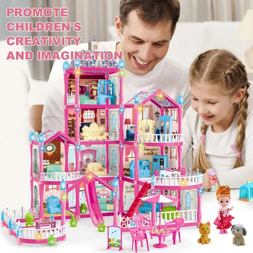Vista 5 de OCTERIC Casa de Muñecas para Niñas, Casa de Muñecas Rosa de 10 Habitaciones con 2 Muñecas, Luces, Cachorros, Muebles, Accesorios, Casa
