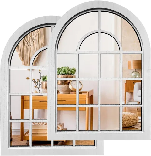Vista 14 de ZEXUIRU 2 piezas de espejo de pared arqueado para ventana, espejo de acento rústico de granja, espejo de entrada con marco de madera para sala