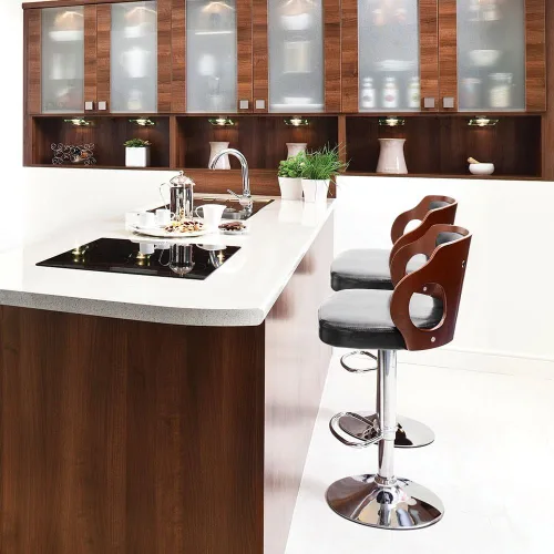 Vista 2 de Homall Taburetes de bar de madera curvada de nogal, altura ajustable, taburetes de bar modernos de cuero con respaldo de vinilo, taburetes de bar