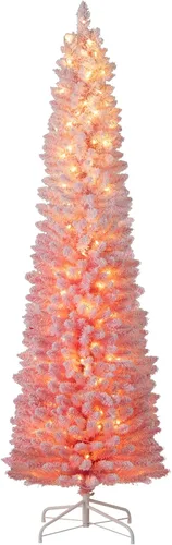Vista 12 de GOFLAME - Árbol de Navidad artificial de 6 pies con luces LED blancas cálidas preiluminadas, árbol de Navidad con flecos de nieve, 435 puntas
