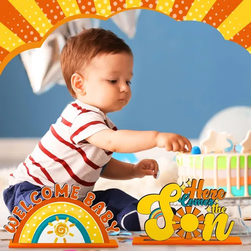 Vista 4 de 6 piezas Here Comes the Son - Decoraciones de baby shower, centro de mesa retro bohemio para decoración de mesa de madera, decoración de baby Azul