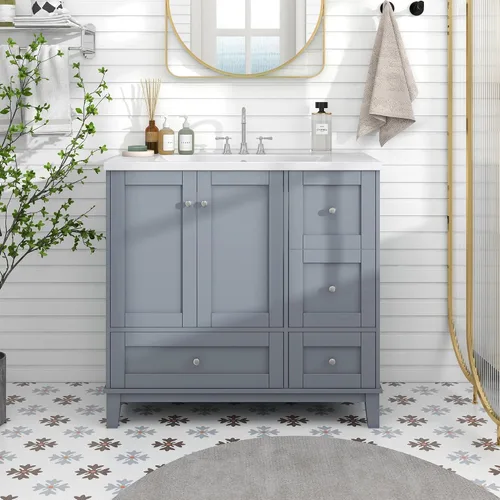 Vista 10 de Tocador de baño multifuncional de 30 pulgadas con lavabo individual, armario combinado de montaje inferior, marco de gabinete de baño de madera