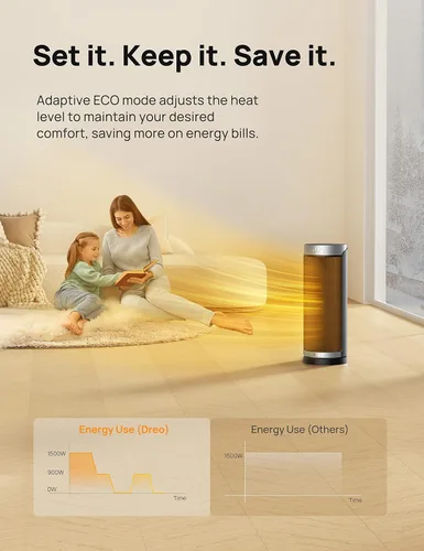 Vista 5 de DREO Calentador de espacio, calentadores de cerámica PTC de 1500 W para uso en interiores con control remoto, oscilación de 70°, temporizador de 1 a