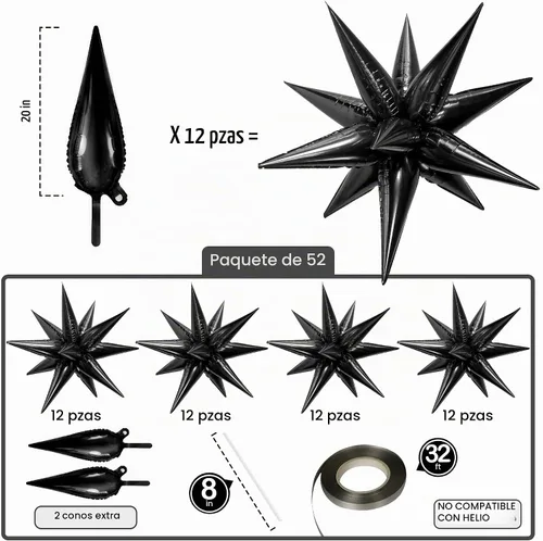 Vista 2 de Globos de papel de aluminio con forma de cono de estrella en explosión, negro, 20 pulgadas, para decoraciones de cumpleaños y graduaciones 2022, 50