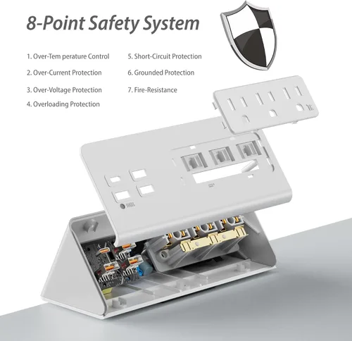 Vista 5 de Regletas de alimentación con abrazadera para borde de escritorio con 4 puertos USB (1 puerto PD 20 W USB-C) y 3 salidas de CA, protector