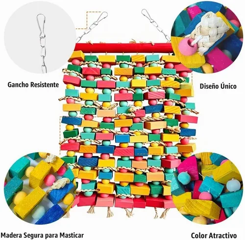 Vista 3 de Juguetes de pájaros extra grandes para guacamayos, bloques de madera multicolor juguete para masticar pájaros, jaula de loro, juguete de mordida