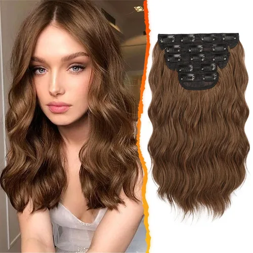 Vista 31 de BARSDAR Extensiones de cabello ondulado con clip negro marrón - 14 pulgadas, extensiones de cabello corto ondulado con clip para mujer - 5 piezas