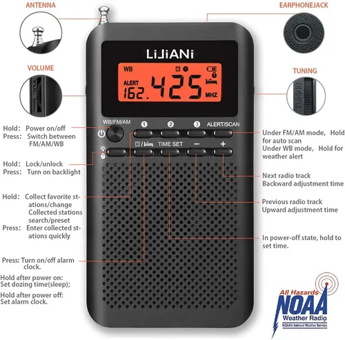 Vista 4 de NOAA Weather AM FM Radio portátil operada por 2 pilas AA con auriculares estéreo, reloj despertador digital temporizador de sueño, mejor recepción