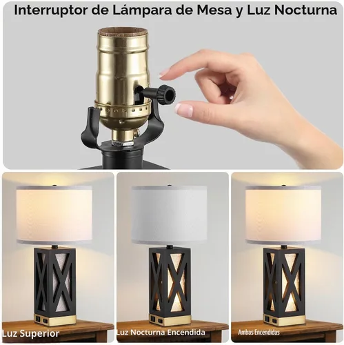 Vista 3 de Lámpara de mesa de madera con 3 temperaturas de color, lámpara de mesa de noche con salida de CA, puerto de carga USB A y C, lámpara de noche