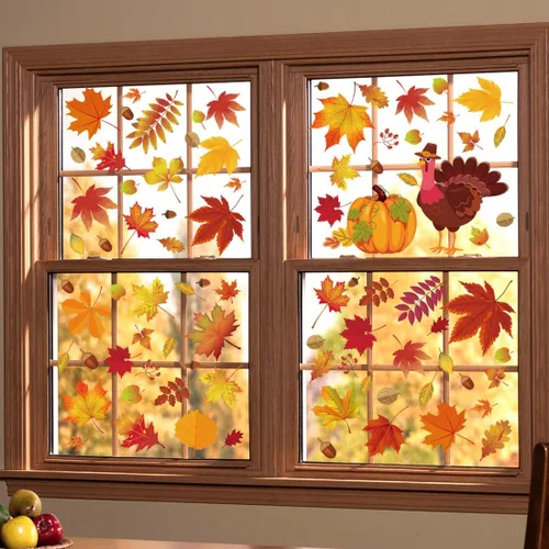 Vista 4 de 164 calcomanías de otoño para ventanas de vidrio, calcomanías de hojas de arce para ventana de otoño, decoración de otoño para Acción de Gracias