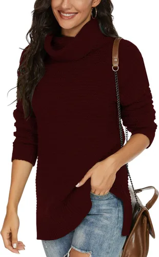 Vista 5 de PrinStory Women's Sweater Turtle Neck Chunky Knit Pullover Sweaters Casual Long Sleeve Tops with Side Slit