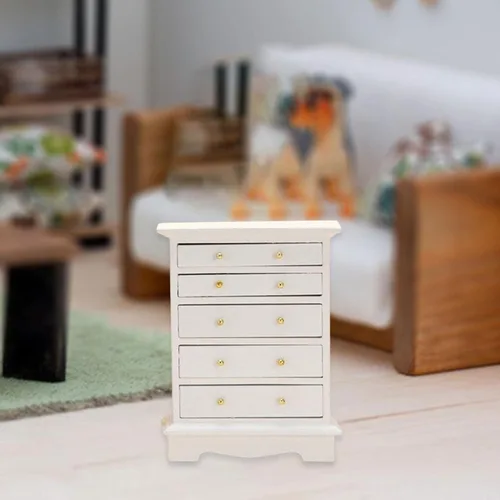 Vista 2 de Menolana Casa de muñecas a escala 1/12 con 5 cajones, armario vertical en miniatura de madera para decoración de dormitorio y accesorios de fotos