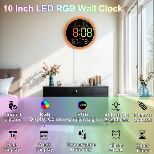 Vista 2 de QINFIEY Reloj de pared LED de 10 pulgadas con luz ambiental RGB, atenuación automática, pantalla de color/hora/fecha/temperatura/humedad, alarma