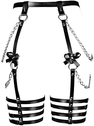 Vista 6 de Cinturón de cadena de cintura negro punk, liguero de cuero, leggings de cadena para el vientre, accesorios de joyería para el cuerpo para mujeres