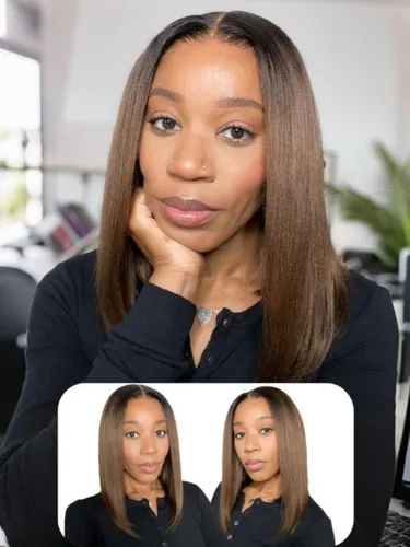 Vista 2 de Nadula Peluca Bob Recta Yaki Degradado Marrón Castaño con Cordón de Cabello Humano - Sin Pegamento Precortada 13X4 HD Pre Todo Peluca Frontal