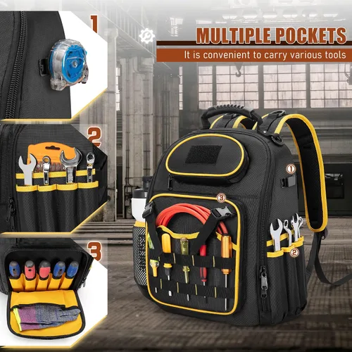 Vista 4 de Mochila de herramientas Marscamd con bolsa de herramientas, bolsa de herramientas resistente con múltiples bolsillos, negra