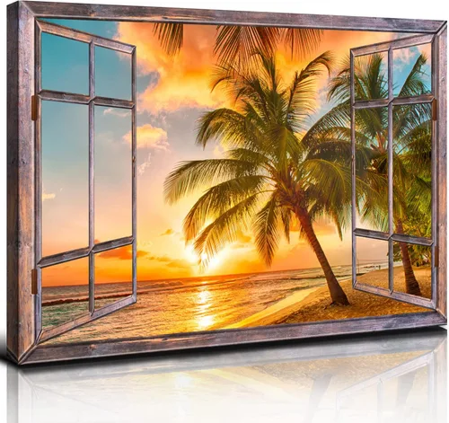 Vista 19 de Cuadro de pared con ventana de playa, paisaje oceánico, decoración de pared, paisaje costero, gaviota, impresiones en lienzo, pintura tropical