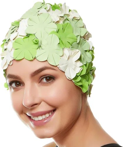 Vista 7 de Gorro de baño floral de pétalo para damas BEEMO, gorra de natación retro para mujeres, pelo largo/corto