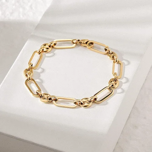 Vista 2 de Pulseras de grano de café con clip apiladas para mujer, cierre ajustable, chapado en oro, cadena de eslabones de acero inoxidable, Acero inoxidable