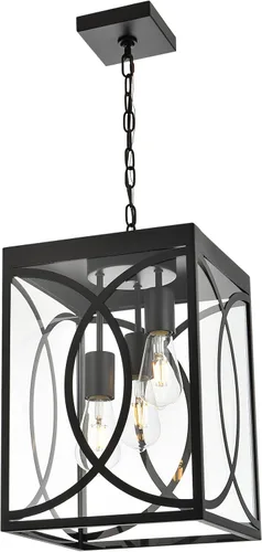 Vista 9 de Lámparas colgantes para exteriores, moderna linterna colgante exterior de 3 luces, panel de cristal transparente, candelabro grande negro para Negro