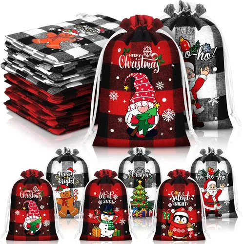 Vista 11 de Boao 24 piezas Bolsas de Navidad Bolsas de regalo con cordón de Navidad a cuadros de búfalo envoltura de regalo de algodón bolsa de dulces