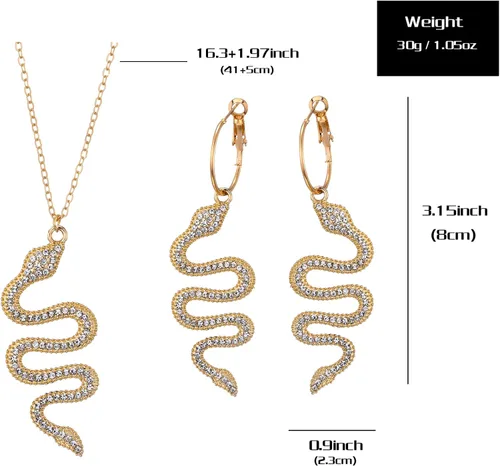 Vista 3 de Balirek Aretes y collar de serpiente chapados en oro de 14 quilates, aretes colgantes personalizados, diseño de animales punk, hipoalergénicos
