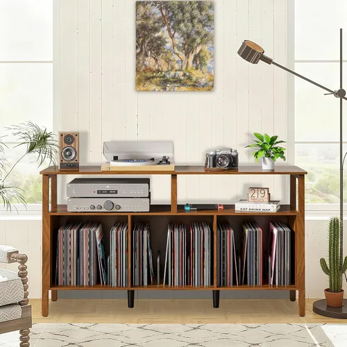 Vista 8 de Mxtxmy Soporte grande para tocadiscos, mesa giratoria de mediados de siglo con almacenamiento abierto con capacidad para hasta 450 álbumes, estante