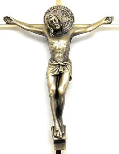 Vista 2 de Cruz de pared de metal de bronce crucifijo de San Benito, decoración de pared hecha a mano con cruz de metal de San Benito, crucifijo católico, 10
