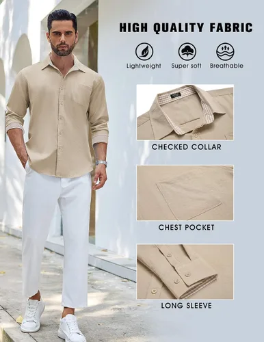 Vista 4 de COOFANDY Camisa de lino con botones para hombre, de manga larga, informal, para playa, con bolsillo