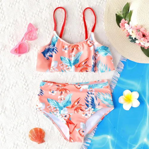 Vista 2 de PATPAT Trajes de baño de dos piezas con estampado floral tropical para niñas, 2 piezas